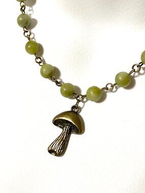 Genuine Fern Green Serpentine Short Necklace, Gemstone & Bronze Slim Mushroom